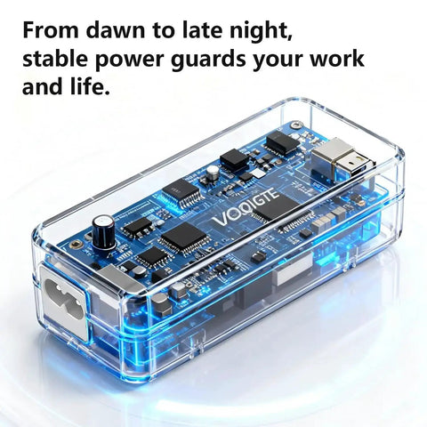 Transparent plastic encased electronic circuit board with components and USB port, showcasing its compact and durable design.