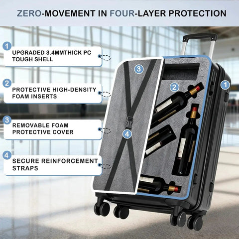Open view of 12 Bottle Wine Travel Case for Airplanes with 360 Degree Foam Inserts and Removable Shelves TSA Approved Lock