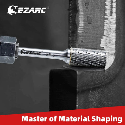 Double Cut Tungsten Carbide Rotary Burr Bit SB-5 For Metalworking with visible engraving on metal surface, EZARC brand.