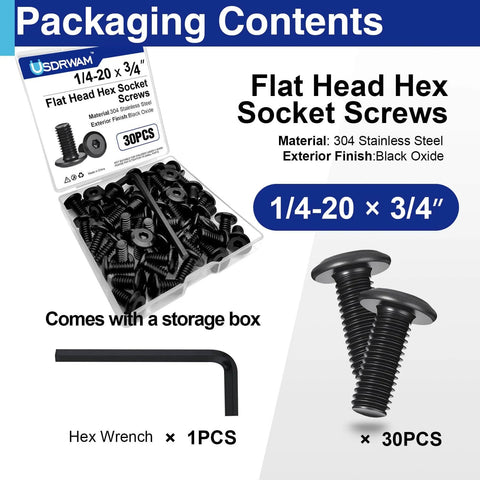 30 Pcs 1/4-20 X 3/4 Flat Head Socket Cap Screws Bolts In 304 Stainless Steel With Black Zinc Plated Finish, Fully Threaded, Includes Hex Key