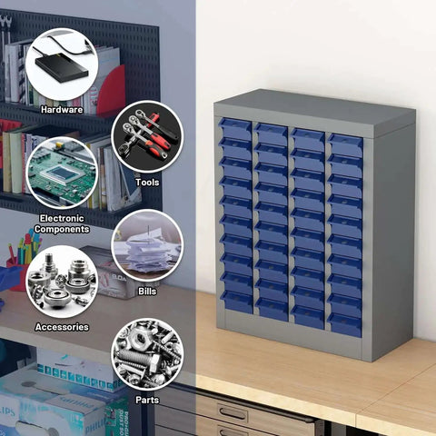 40 Drawer Bolt Bin Organizer Cabinet with metal body and ABS drawers for nuts bolts screws and small hardware storage on desk