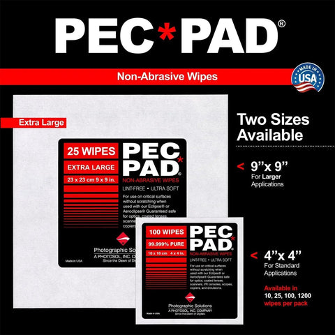 Photographic Emulsion Cleaner Kit with two sizes of PEC PAD lint-free wipes 4x4 100 sheets and extra-large option