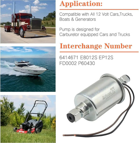 Universal 12V Electric Fuel Pump Low Pressure Transfer Pump For Gasoline And Diesel With Installation Kit shown next to truck, boat, and mower