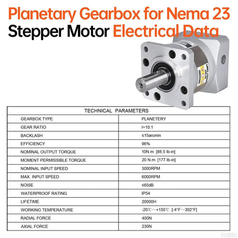 Technical specifications of 10 To 1 Planetary Gearbox For Nema 23 Stepper Motor With 31mm Input Shaft And 60 To 74mm Body Length Backlash 15 Arcmin