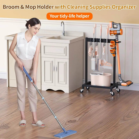 Beefed Up Cleaning Supplies Organizer And Broom Mop Holder Cart with woman cleaning kitchen floor