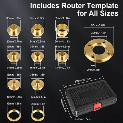 11Pcs Brass Router Bushing Guide Set With Lock Nut Adapter showing various bushing sizes and included router template and case
