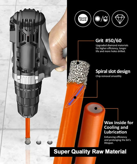 Close-up of Dry Diamond Drill Bit Set 10 Piece Quarter Inch 6mm Vacuum Brazed Core Drill Bits For Granite Marble Concrete Tile Ceramic Glass And Hard Plastic With Built In Wax Cooling For Smooth Lubrication All Purpose Drilling Kit Dope in use