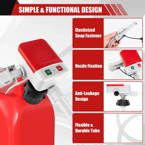 Portable Fuel Transfer Pump With Auto Stop Sensor 3.2 GPM, 51 Inch Hose, elasticized snap fastener, nozzle fixation, anti-leak design.