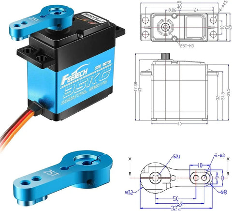 Front view of Feetech blue aluminum digital RC servo with blue horn; 180° rotation for 1/8–1/10 RC cars.