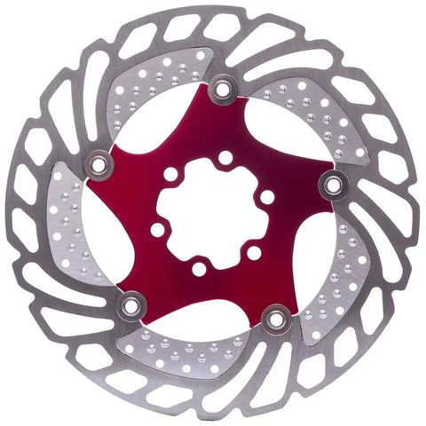 Front view of YBEKI floating disc brake rotor with red carrier and dual gray rings, 6-bolt mounting