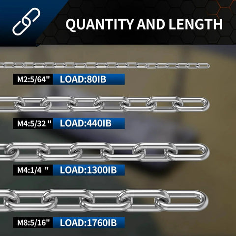 Product chart showing Heavy Duty Stainless Steel Link Chain 304 5/64 Inch Links, 6.5 Foot Overall Length, 80 Lb Working Load Limit
