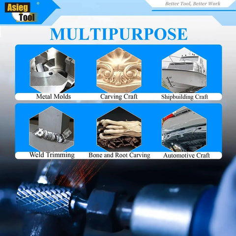 Multipurpose uses of 8 Piece Carbide Burr Set With 1 Quarter Inch Shank Double Cut Tungsten Carbide Rotary Files for various crafts.