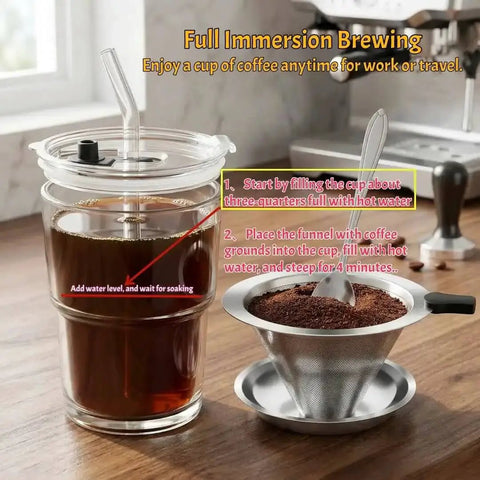 Single Serve Immersion Coffee Maker With Glass Pour Over Dripper And Reusable Stainless Steel Filter Manual Brew On The Go Coffee Maker For Home Office Travel 380ml Cup with instructions.