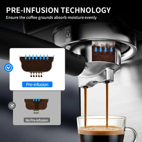 Close-up of a 20 Bar Espresso Machine With Hot Brew And Rapid Cold Brew, showcasing pre-infusion feature in silver.