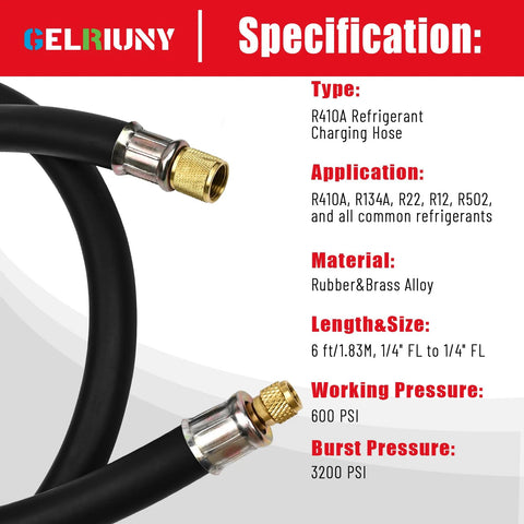 HVAC vacuum hose, 1/2 in to 1/4 in flare fittings, 6 ft, black rubber/brass, high-flow refrigerant hose