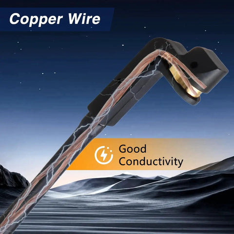 Front disc brake wear sensor cable with exposed copper wires and black plastic housing