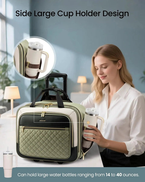 Woman placing bottle in Rolling Laptop Bag For Women With Wheels 17.3 Inch Laptop Briefcase For Work And Travel TSA Friendly Green Beige