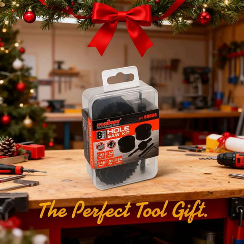 8 Piece Hole Saw Kit With Sizes 1 To 2 1/8 Inches For Soft Wood Plywood And PVC, Includes 2 Drill Bits, Mandrel And Hex Key, Smooth Cut For DIY Projects, Durable Carbon Steel Construction HORUSDY in packaging on workbench.