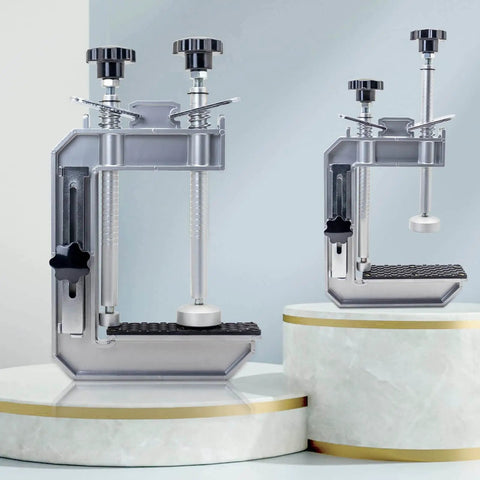 45 Degree Stone Mitre Clamp For Countertop Seam Splicing displayed on marble platforms