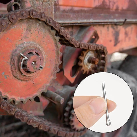 Installed cotter pin on rusty gear wheel with close-up of 304 stainless split pin. Must Have Automotive Cotter Pin Set 304 Stainless Steel 150 Piece Assortment Kit With 15 Sizes For Mechanics And Engine Repair Corrosion Resistant Split Pins Hardware Clips And Fasteners For Quick Fitting And Secure Assembly