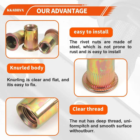 Complete Rivet Nut Kit With Five Hundred Ten Pieces SAE And Metric Galvanized Carbon Steel Flat Head Threaded Rivets product information