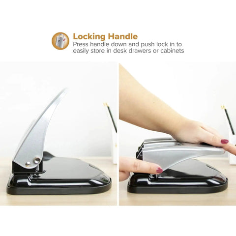Close-up of EZ Squeeze Three Hole Punch With No Jam Technology showing locking handle for easy storage in black and silver.