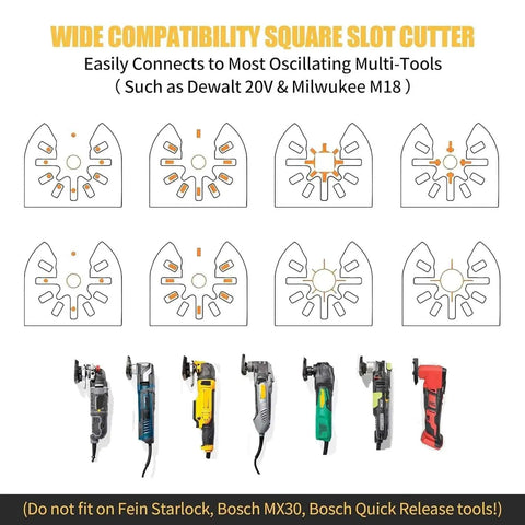 Upgrade Square Slot Cutter for Drywall and Wood Stainless Steel Outlet Cutter Built for DeWalt 20V Max and Milwaukee M18 Oscillating Tools One Step In Place Electrical Box Cutter Pro Grade 2 Pack shown with compatible oscillating tools