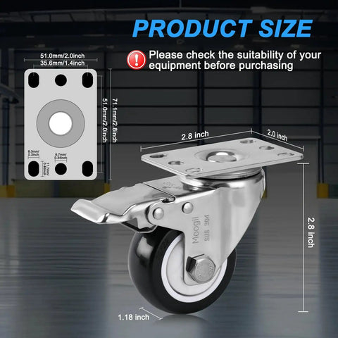 Moogiitools 304 stainless steel caster wheels with brake, PU wheels, 2-inch, set of 4