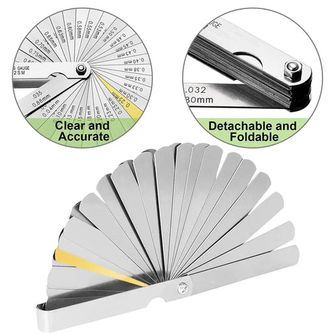 32 Blade Feeler Gauge Set For Precision Gap Measurement In Guitars, Spark Plugs, And Pistons, SAE And Metric Readouts, Stainless Steel
