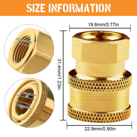 Brass Pressure Washer Coupler Quick Connect to Female NPT Socket One Quarter Inch 5000 PSI Fittings Two Pack With Ball Lock Design For Leakproof Connection And Easy Tool Free Install, shown with dimensions.