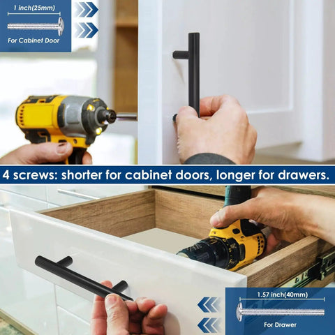 Installation of 60 Pack 3 Inch Center To Center Matte Black Cabinet Pulls for kitchen cabinet and drawer with screws.