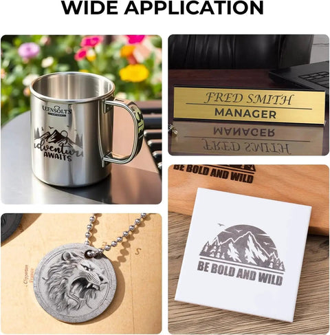 Examples of high contrast black laser marking spray for CO2, fiber, and diode laser engravers applied on various materials.