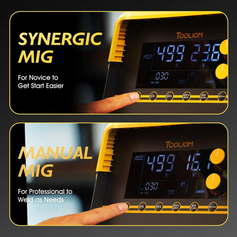 Close-up of 'Do It All Six In One Welder For MIG TIG Stick Flux Core Spool Gun And Plasma Cutter With Dual Voltage 110 Or 220V Aluminum Compatible All In One Multiprocess Welding Machine For Home Shop And Pros' control panel showing synergic and manual MIG settings.