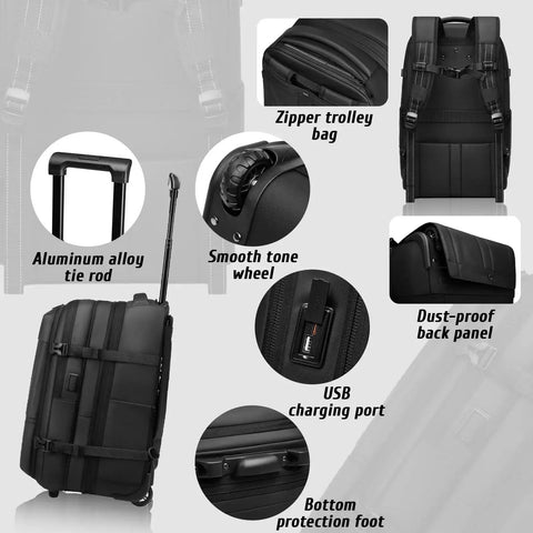 21 Inch Carry On Luggage With Removable Vacuum Seal Bag And Expandable Vacpack Backpack showing aluminum tie rod and USB port