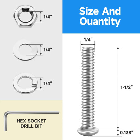 Assorted 1/4-20 Stainless Steel Socket Cap Bolts Nuts Screws Washers Kit 304 Durable Hardware Set dimensions and hex key