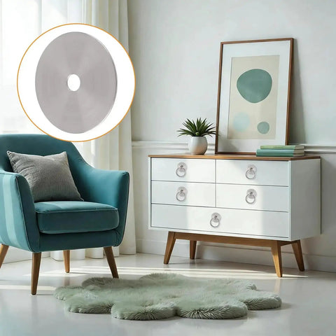 Round Back Plates For Cabinet Knobs 8 Pack Thick Iron Decor Back Plates shown on a dresser in a modern living room, close-up inset view.