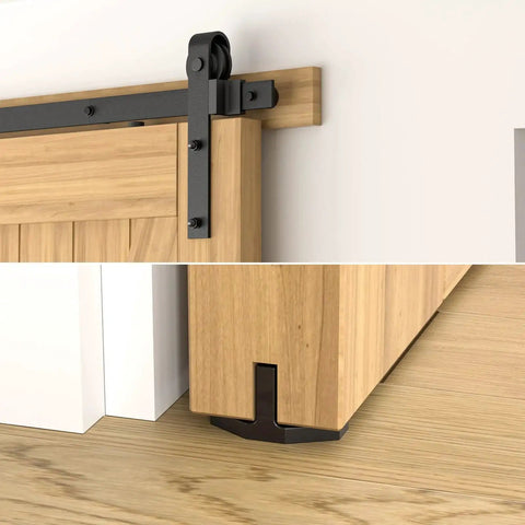 Close-up of Six Point Six Feet Long Sliding Barn Door Hardware Kit For Single Door Sturdy Durable Carbon Steel With Black Coating To Prevent Rust Heavy Duty Easy To Install Fits Thirty Six To Forty Inch Wide Doors J Shape Hanger Included on wooden door.