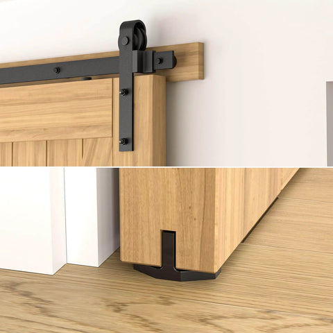 7 Foot Sliding Barn Door Hardware Kit For A Single Door With Sturdy Rails And Quiet Smooth Glide Fits 40 To 42 Inch Wide Doors J Shape Hanger Carbon Steel With Black Coating Built To Last Easy To Install, close-up view of door mounted with J shape hanger.