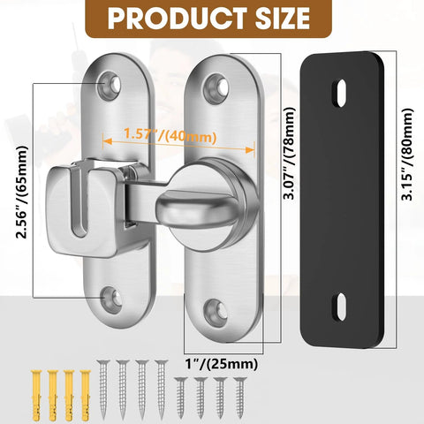 90 And 180 Degree Barn Door Lock And Latch In Zinc Alloy With Rust Proof Coating For Cabinet Bathroom Garage Wooden Fence Pet Gate And Shed Sliding Flip Lock Hardware Includes A Two And A Half Millimeter Spacer 2 Pack with screws shown.