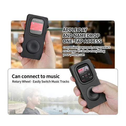 Turn Your Apple Watch Into a Smartphone With a Retro iPod Style Aluminum Protective Case Featuring a Click Wheel Rugged CNC Machined Metal Cover for Apple Watch 40mm 41mm 42mm 44mm 45mm 46mm 49mm Black, shown in hand with Apple Watch features highlighted.