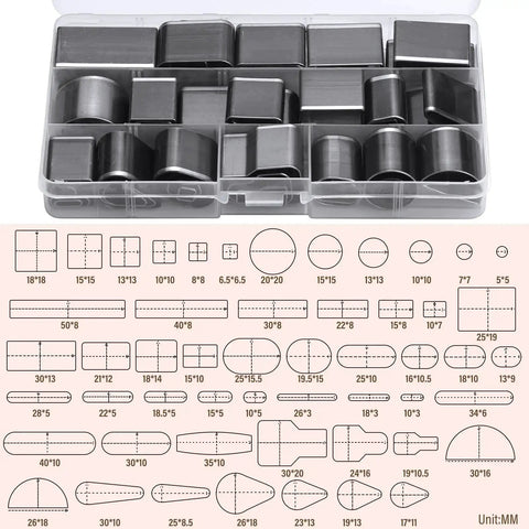 52 Shape Style Leather Hole Punch Tool Set With 52 Shapes in case, including diagram of hollow punch cutter shapes for belts and DIY craft projects.