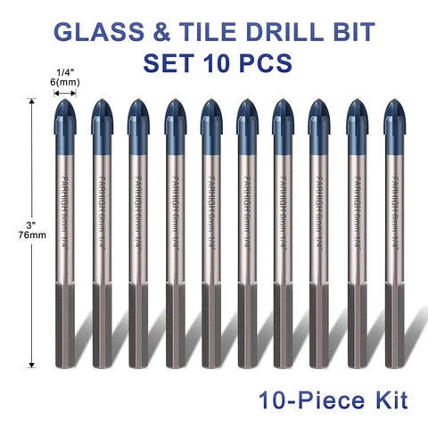 Glass And Tile Drill Bit Set 6mm One Quarter Inch Tungsten Carbide Tips Titanium Coated Body 10 Pack, front view