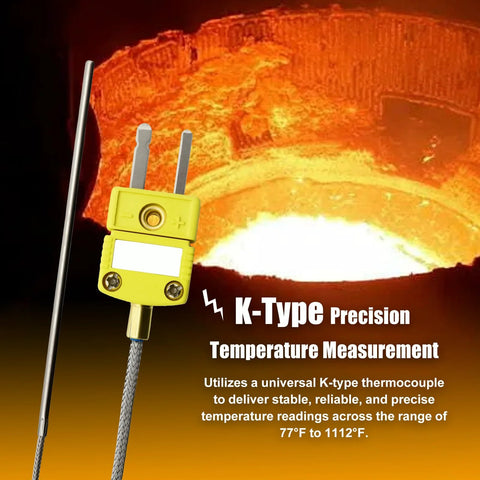 K-Type thermocouple probe, yellow housing with braided lead, high-temp 77–1112°F, replacement for TCE-K02H3-100