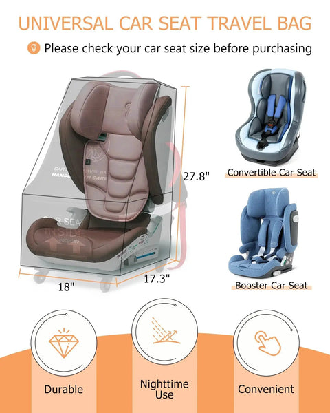 Universal car seat travel bag with dimensions for booster and convertible car seats, Travel Ready Car Seat Bag With Wheels For Air Travel.