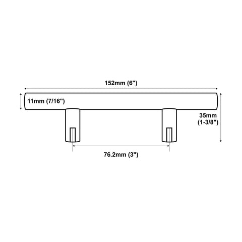 Technical diagram of 20 Pack Solid Steel Brushed Nickel Euro Style Bar Pulls For Cabinets with 3 inch hole centers and 6 inch length
