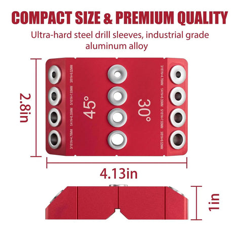 Angled Pro Grade Drill Guide For Cable Railing With 30 Degree 45 Degree And 90 Degree Holes Heavy Duty Drill Jig With Hard Steel Bushings For Installing Deck Porch And Stair Railings Handrails Impact Drill Compatible Red, dimensions