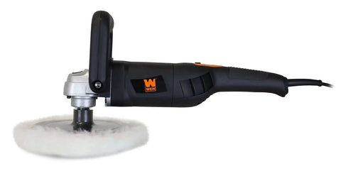 Side view of Heavy Duty Pro Grade 7 Inch Variable Speed Polisher with Digital Readout, wool bonnet attached, handle visible.