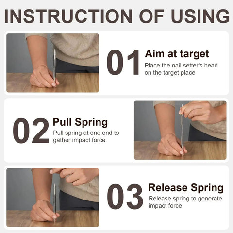 Instructions for using Dual Head Nail Setter With Spring Loaded One Thirty Second Inch And One Sixteenth Inch Sizes Hammerless Nail Punch Tool.