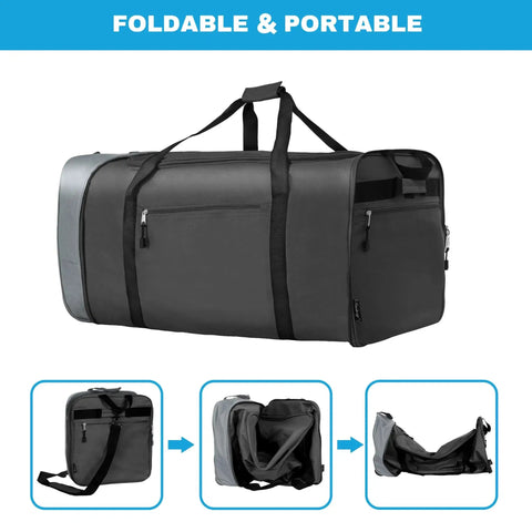 Foldable Rolling Duffel Bag With Wheels For Travel And Sports 100L Large Capacity Lightweight Duffel With 32 Inch Size; shown folded and unfolded