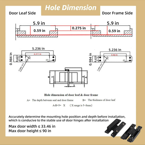 Technical diagram of 8 Pack Invisible Door Hinges 6 Inch Concealed Heavy Duty Zinc Alloy Matte Black 180 Degree 3 Way